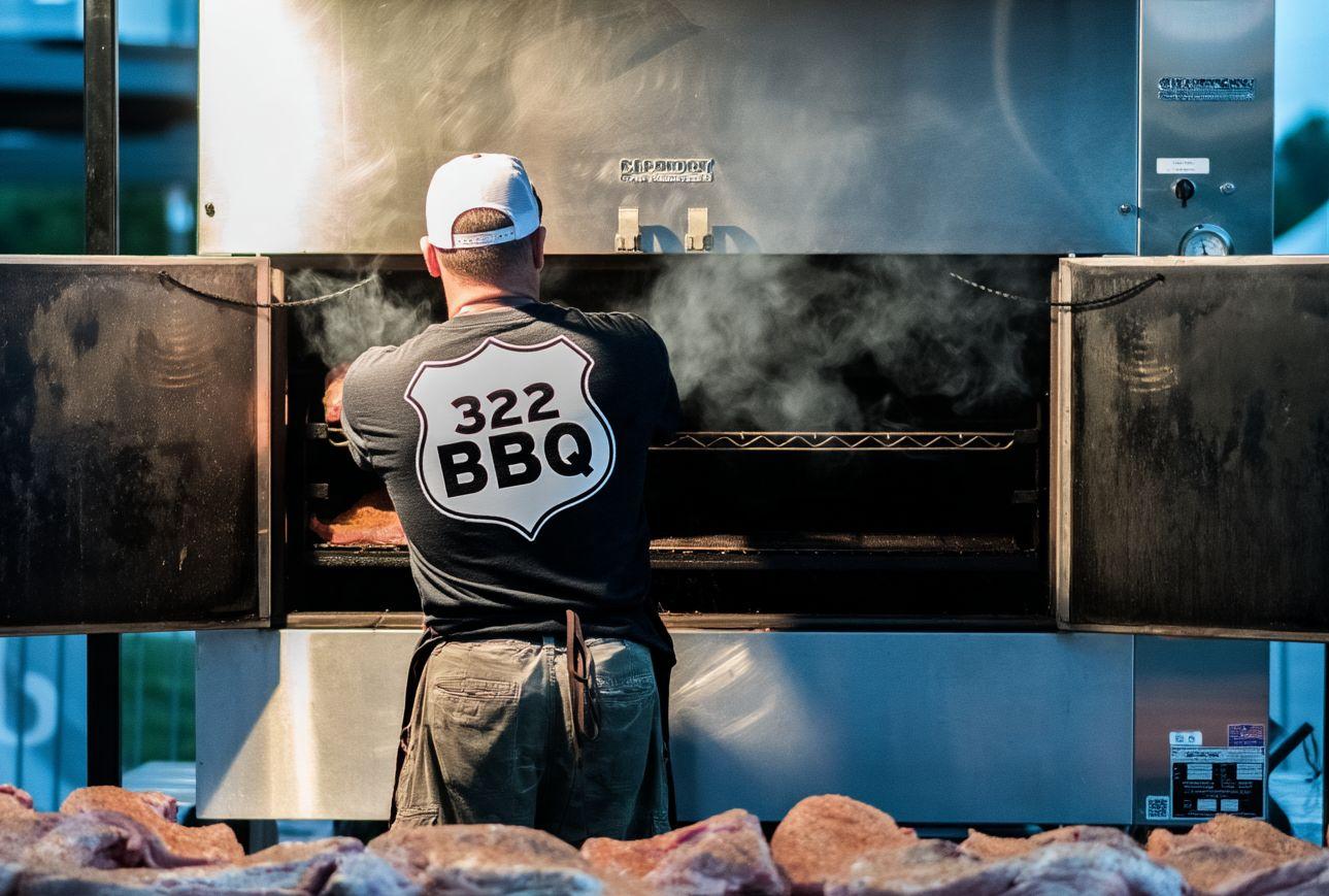 The pitmaster working the open smoker, 322 BBQ shield on his back